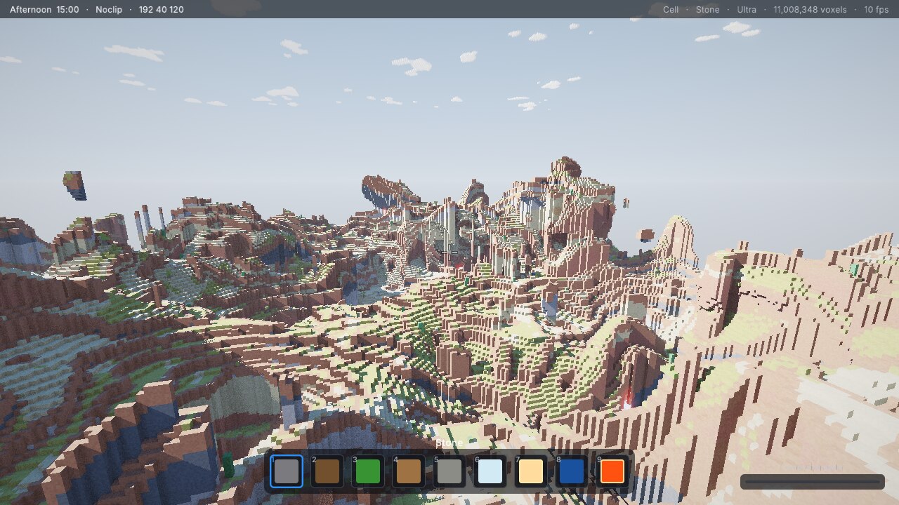 First-person editing view with tool tray and heads-up display