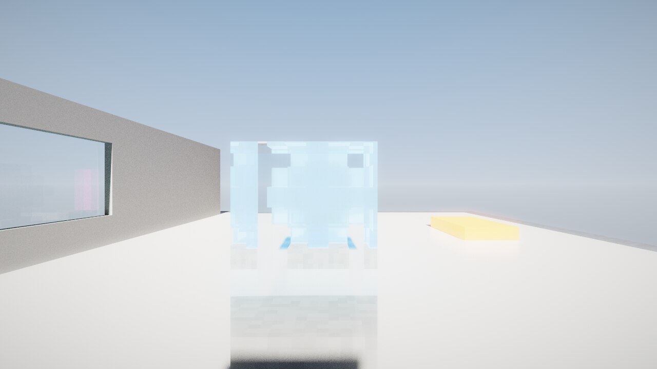 A glowing crystal seen refracted through a glass cube