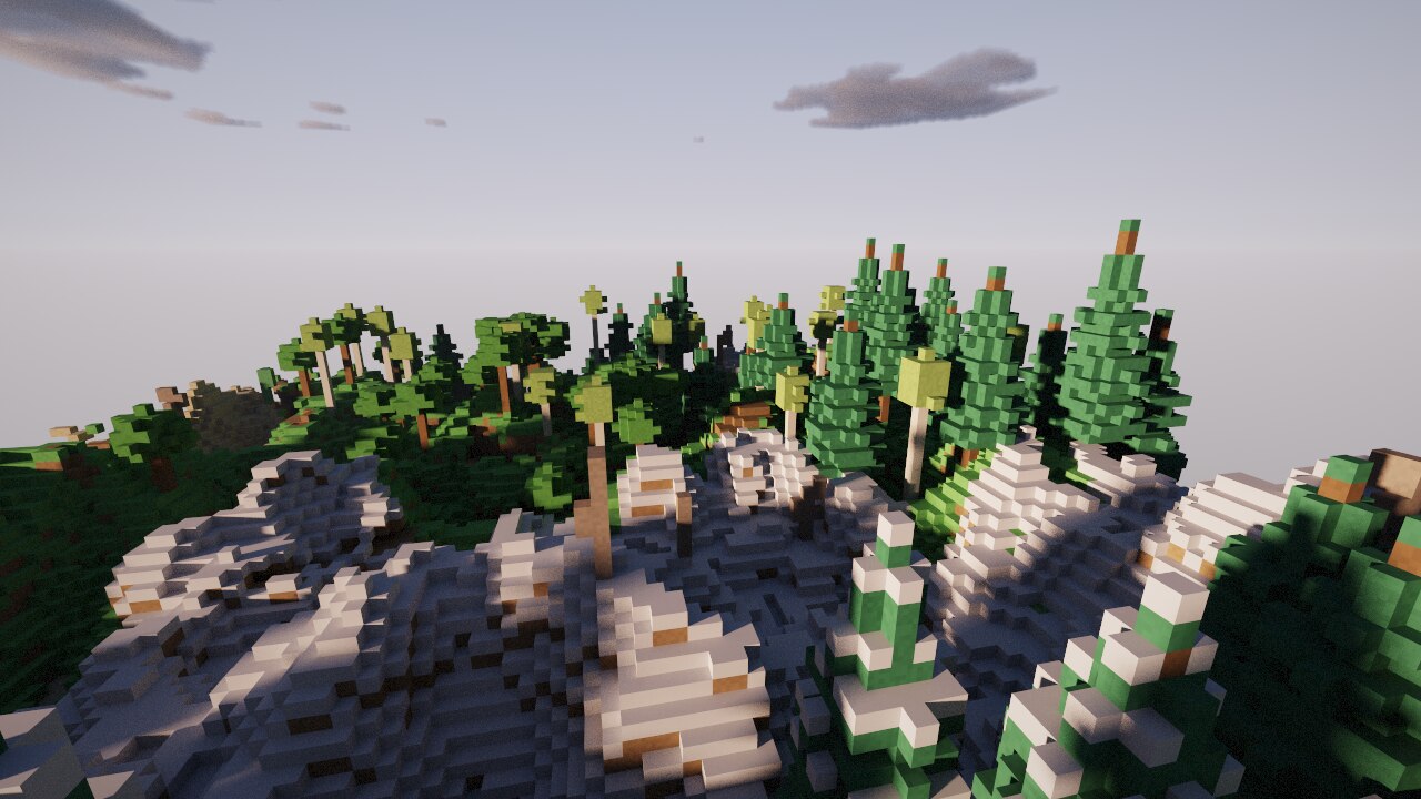 A path-traced golden-hour render of snowy voxel mountains and pine forest
