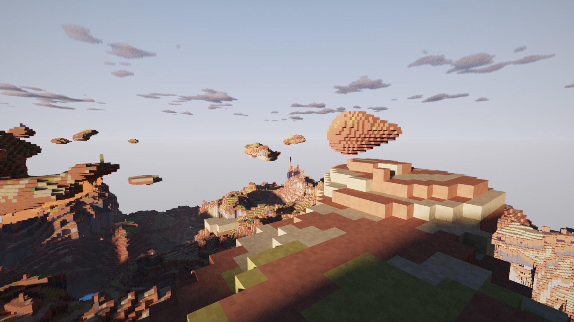 A path-traced voxel landscape of red mesa cliffs with islands floating in a pale sky.