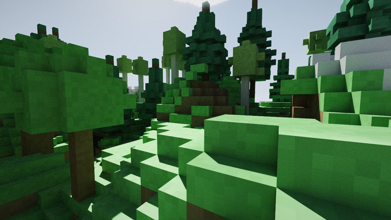 Morning light through a voxel pine forest, rendered by Photo Mode