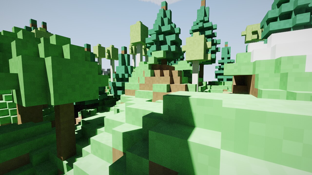 High-noon voxel forest with sharp shadows