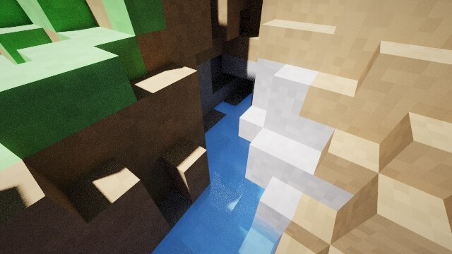 A blue river between sand and snow banks with sun sparkle, rendered by Photo Mode