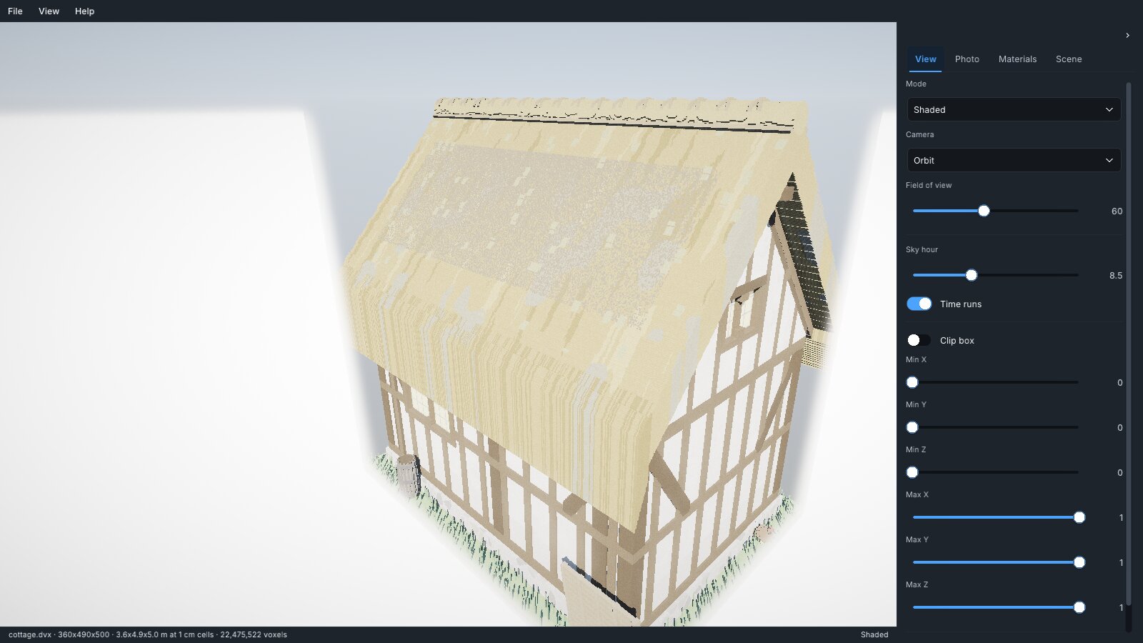 Methodox Voxel Scene Viewer showing a centimetre-scale cottage with its material editor